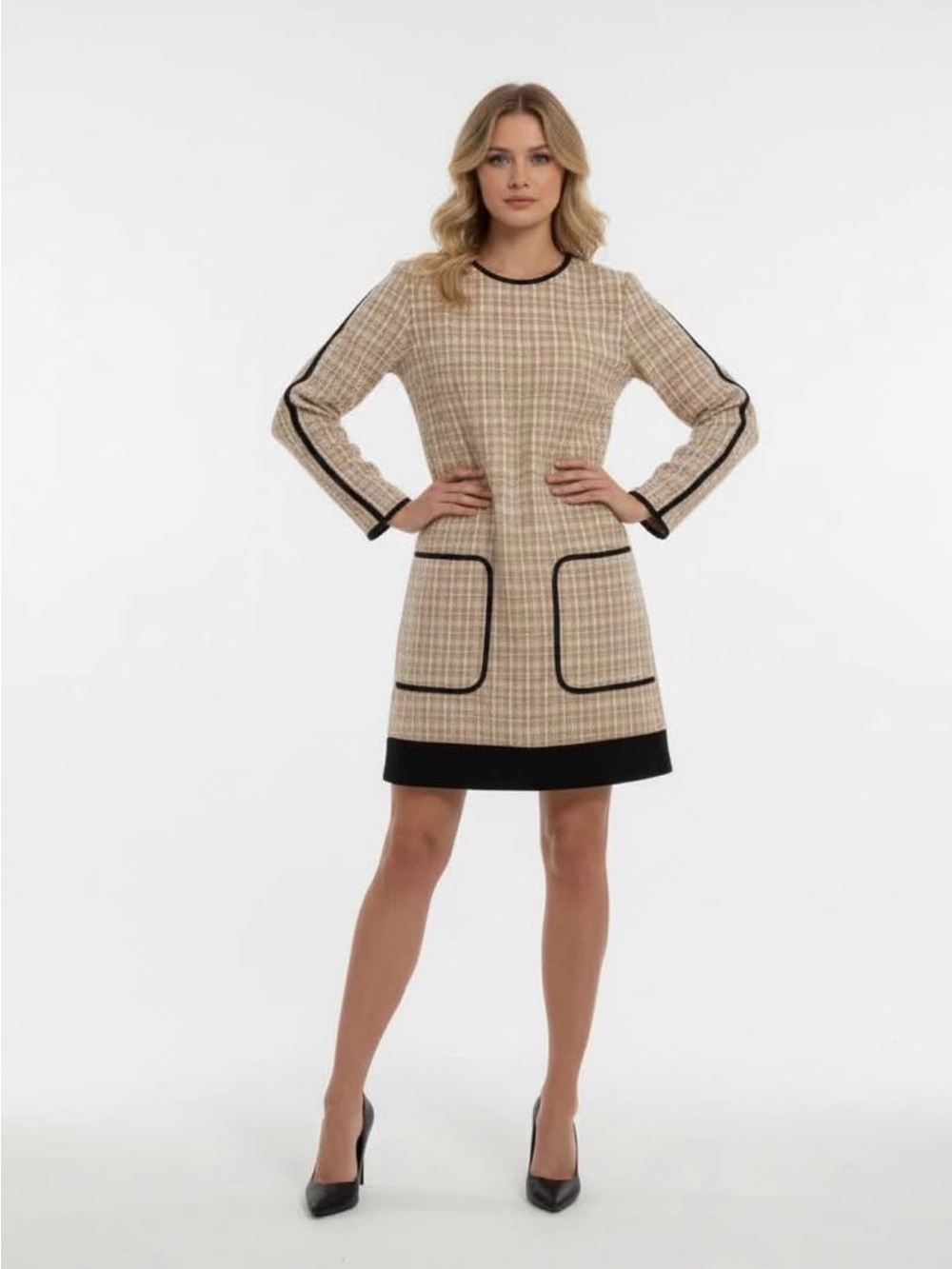 Beige Plaid Long-Sleeve Shift Dress with Black Trim